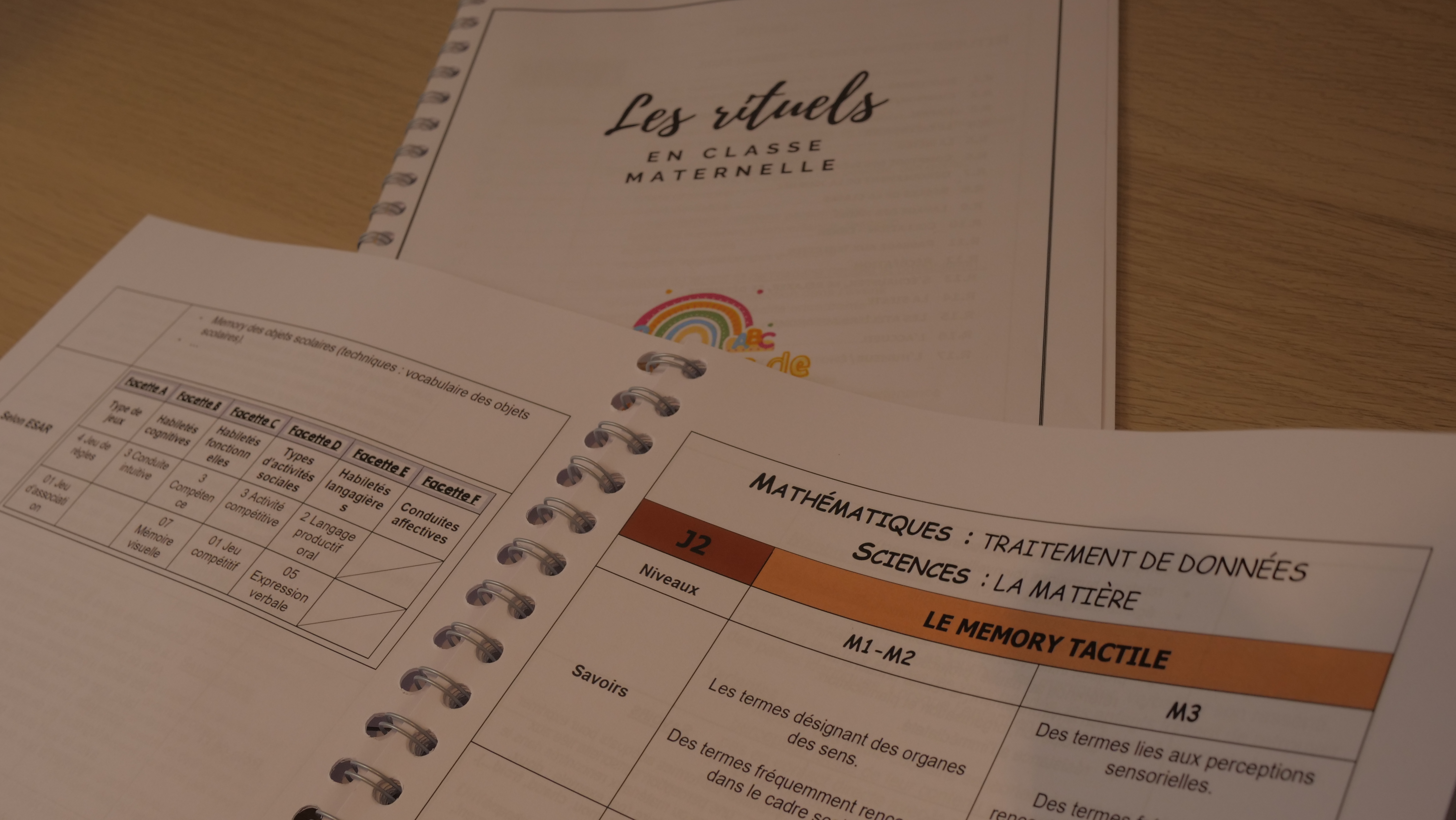 Fiches Memory tactile et grille ESAR superposées avec couverture Rituels